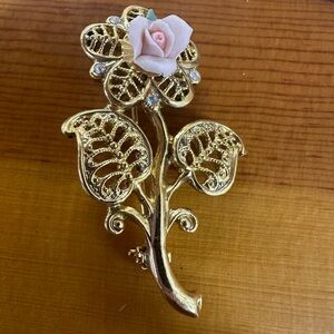 Gold Floral Brooch with Pink Rose